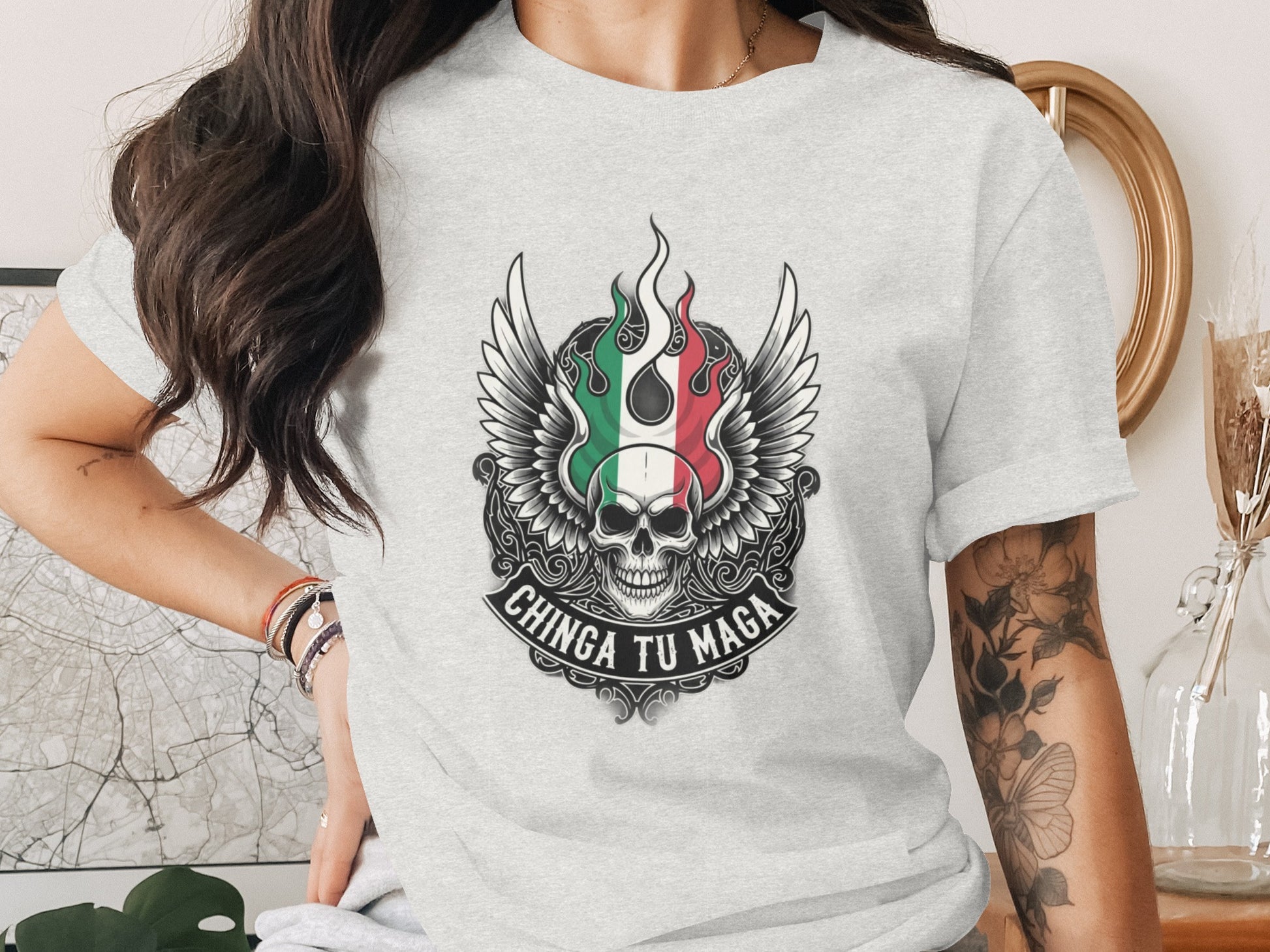 Chinga Tu Maga Graphic Skull Wings Mexican Flag Shirt