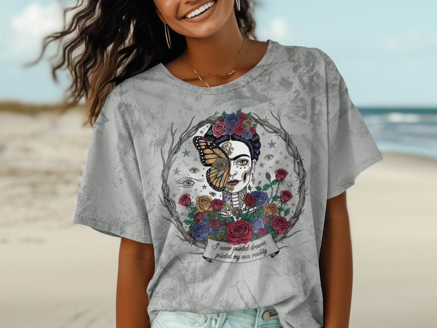 Artistic Butterfly Skull Design Beach T-shirt