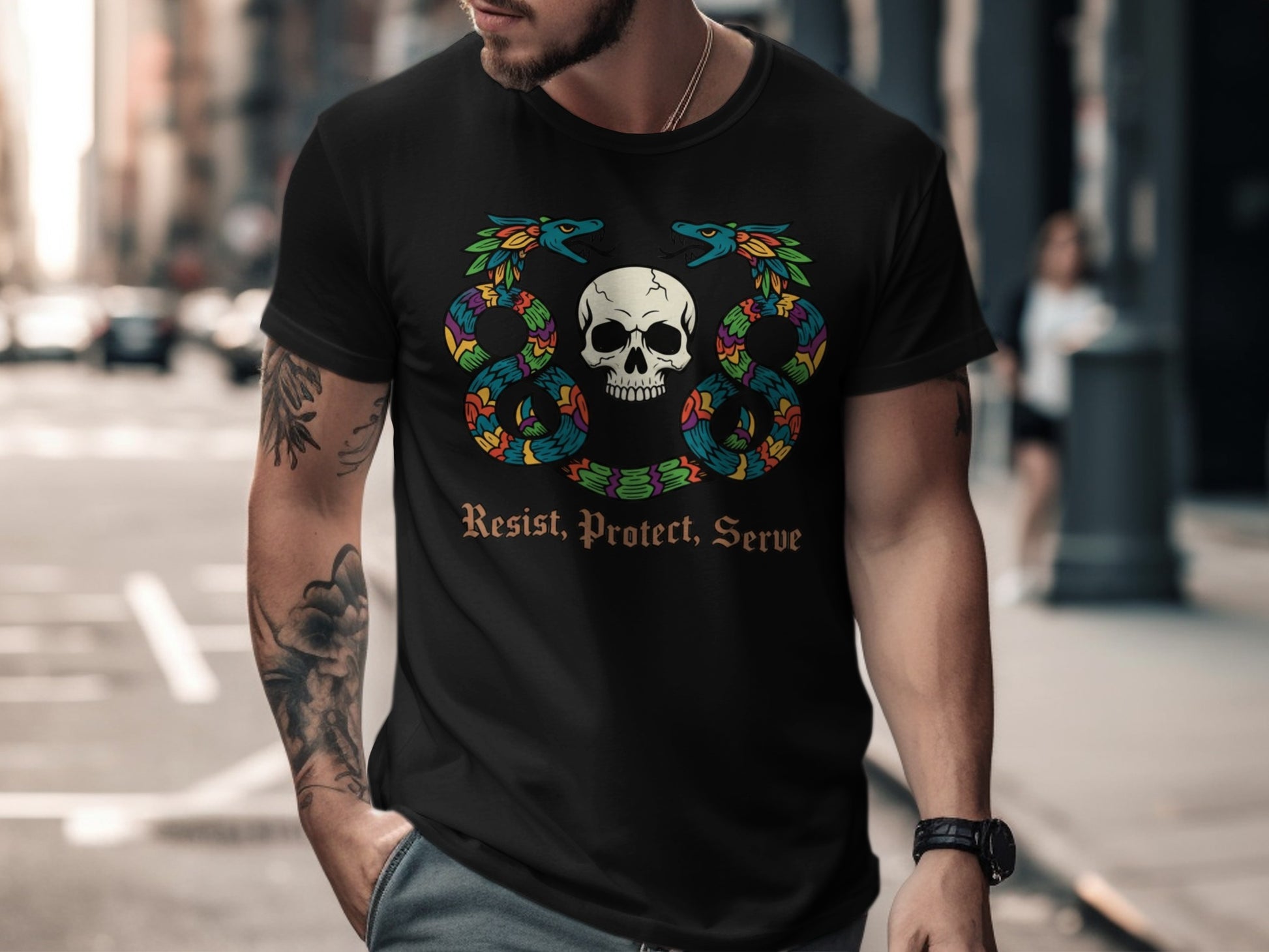 Resist Protect Serve Skull and Snake Graphic T-Shirt