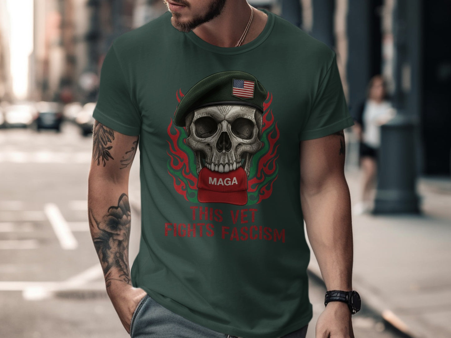 This Vet Fights Fascism Skull Graphic T-Shirt