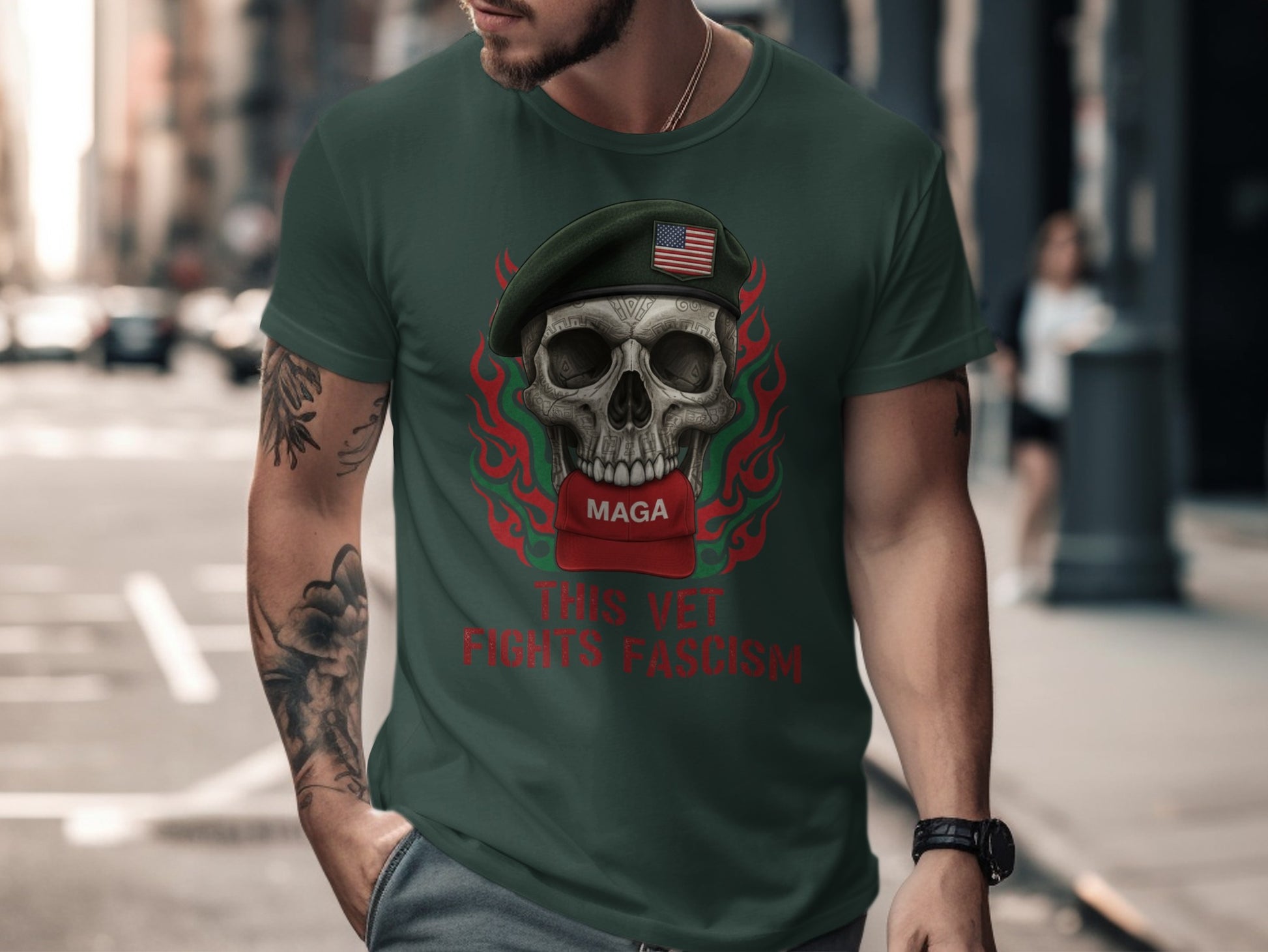 This Vet Fights Fascism Skull Graphic T-Shirt