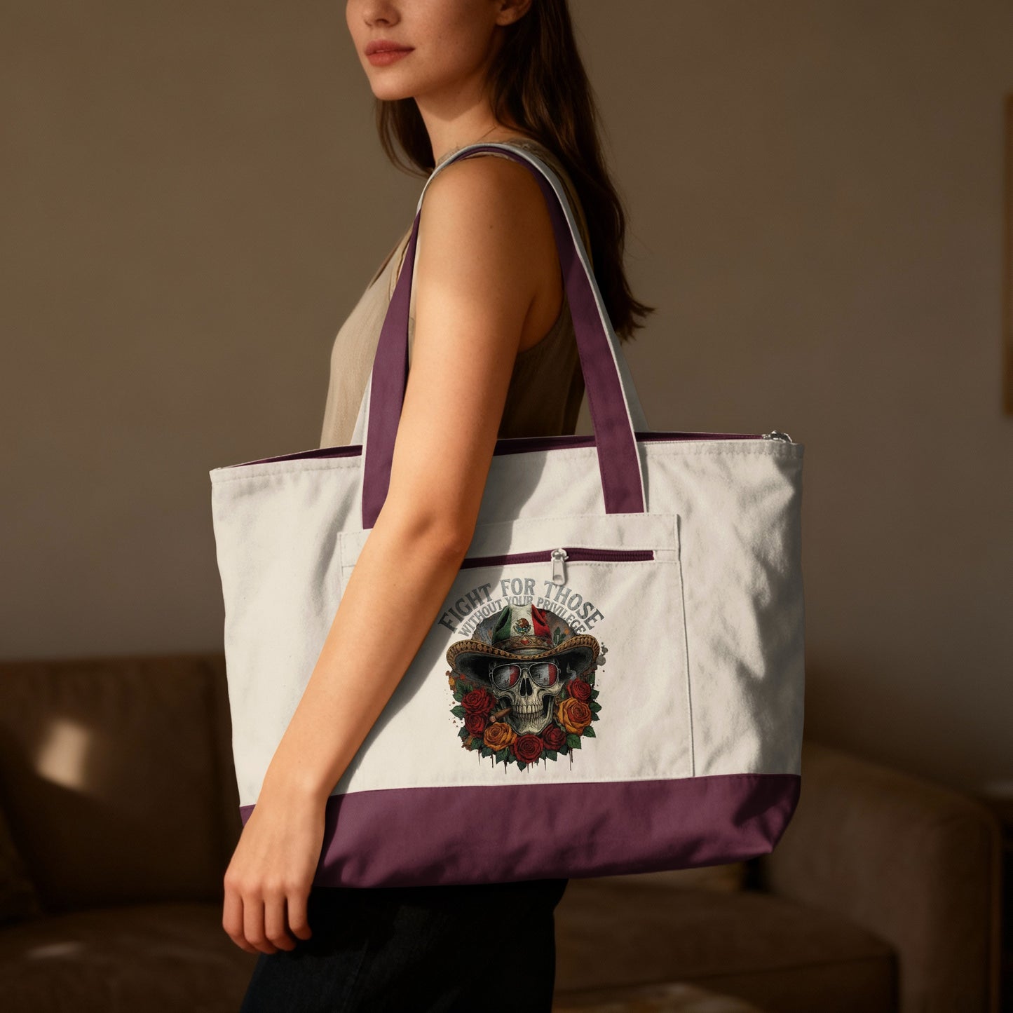 Tote bag with skull, roses, and "Fight For Those Without Privilege" text.