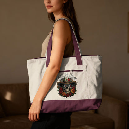 Tote bag with skull, roses, and "Fight For Those Without Privilege" text.