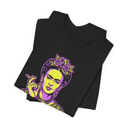 Black t-shirt with a stylized portrait of Frida Kahlo wearing flowers and smoking.