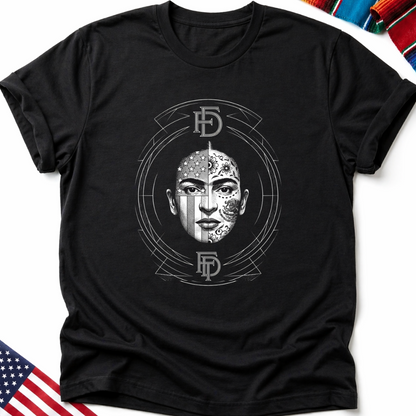 Black t-shirt with a stylized skull and patriotic flag graphic.