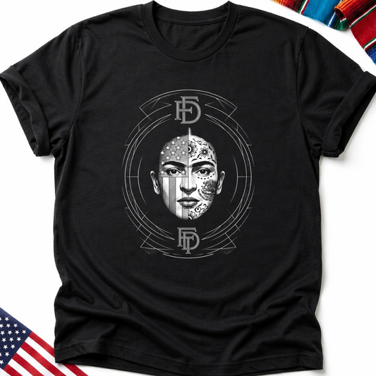 Black t-shirt with a stylized skull and patriotic flag graphic.