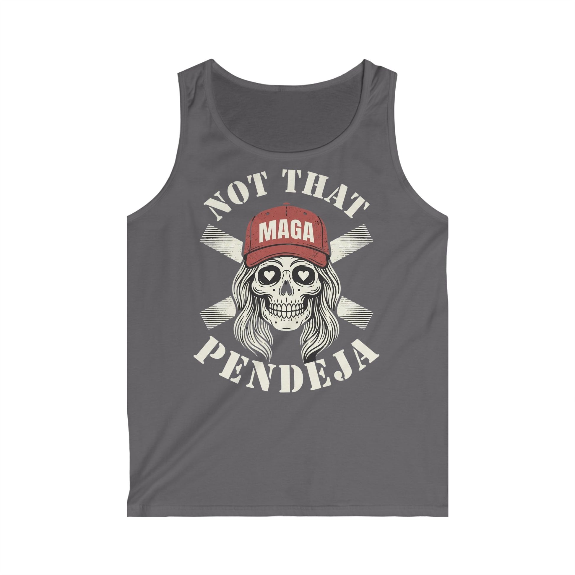 Graphic tank top with skull wearing a red MAGA hat and text "NOT THAT PENDEJA".