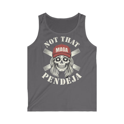 Graphic tank top with skull wearing a red MAGA hat and text "NOT THAT PENDEJA".
