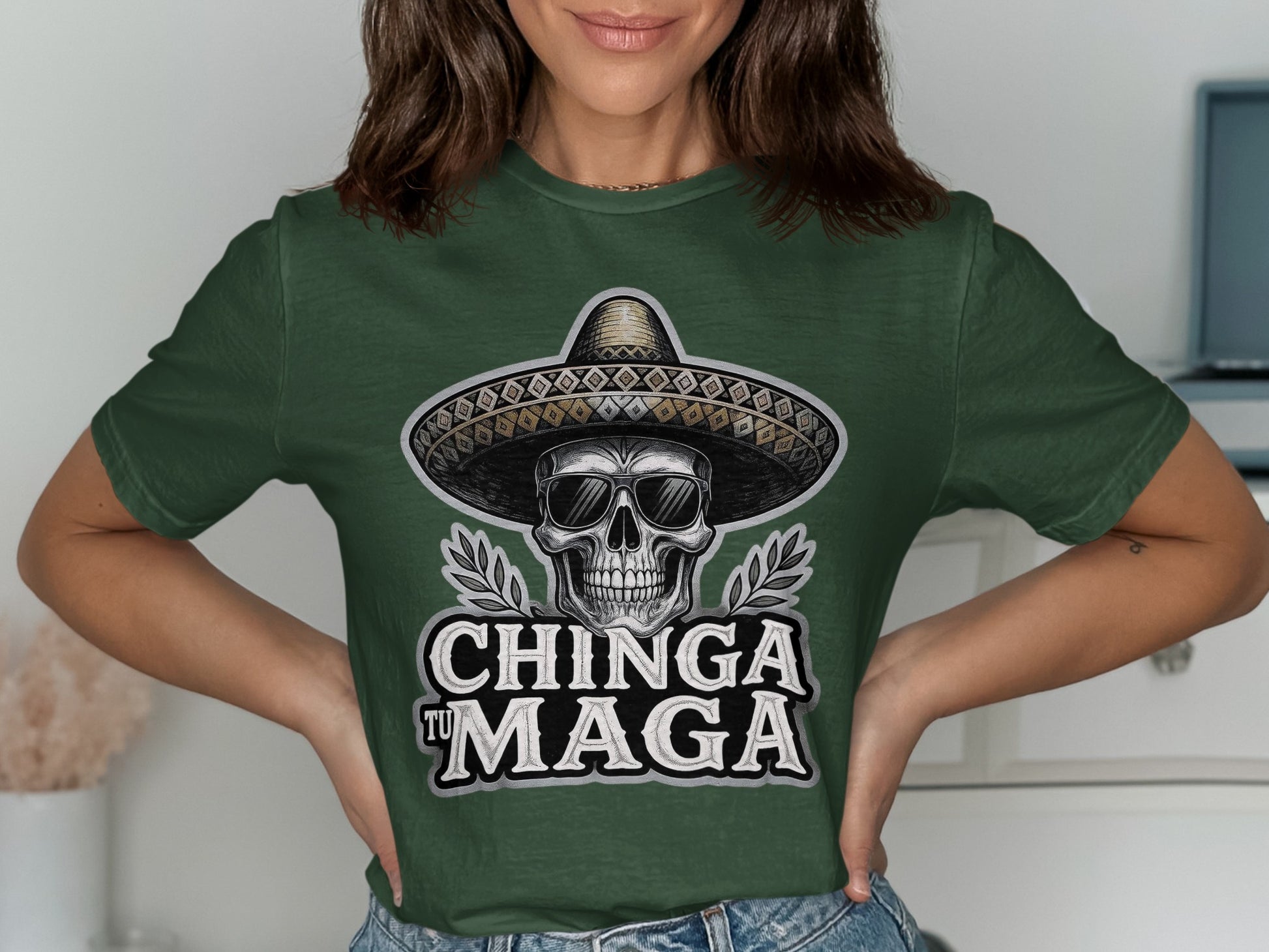 Chinga Tu Maga Skull Hat Design Graphic Tee product