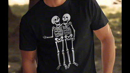 A black t-shirt with a graphic design of two smiling skeleton figures embracing each other.