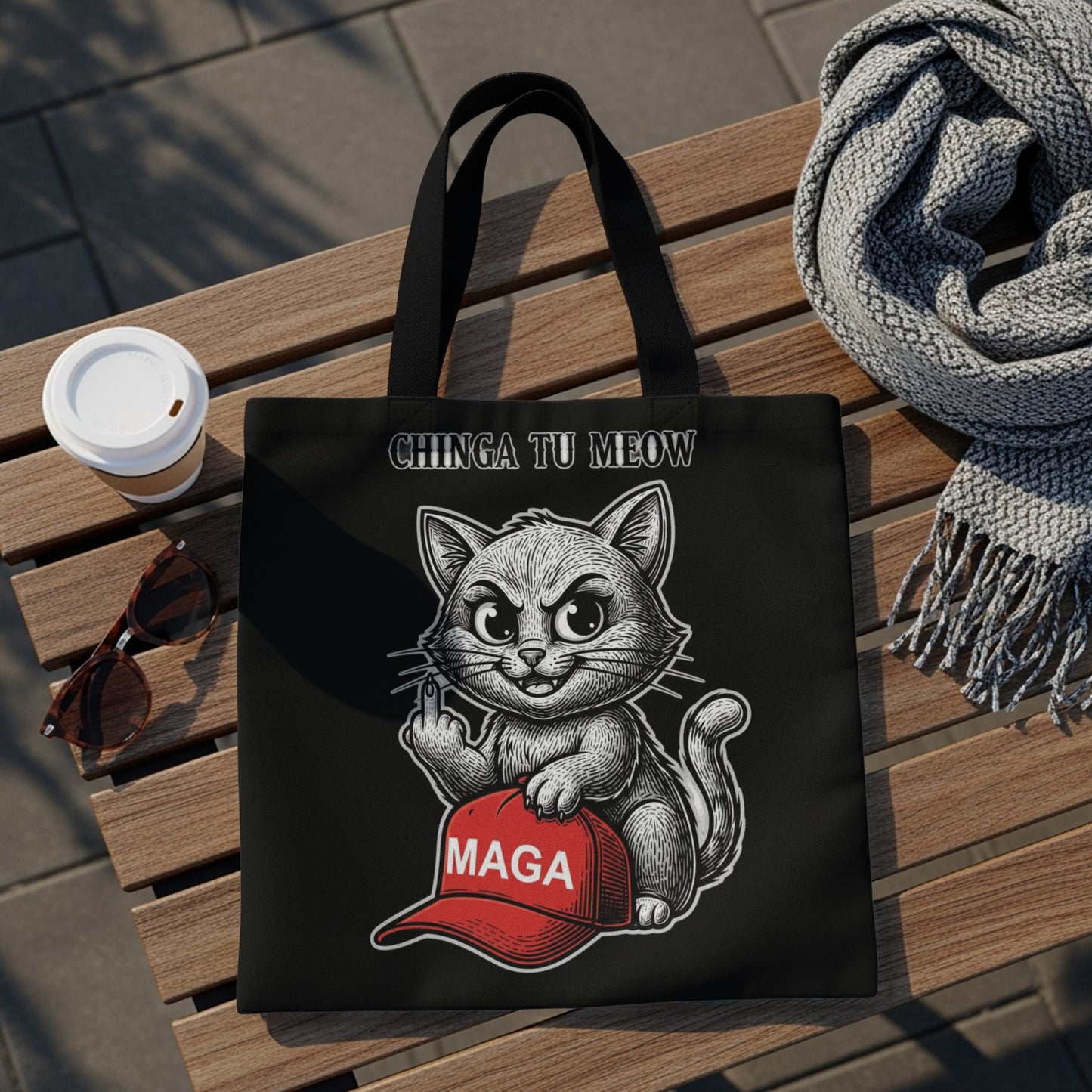 Black tote bag with "CHINGA TU MEOW" and cat holding MAGA hat.