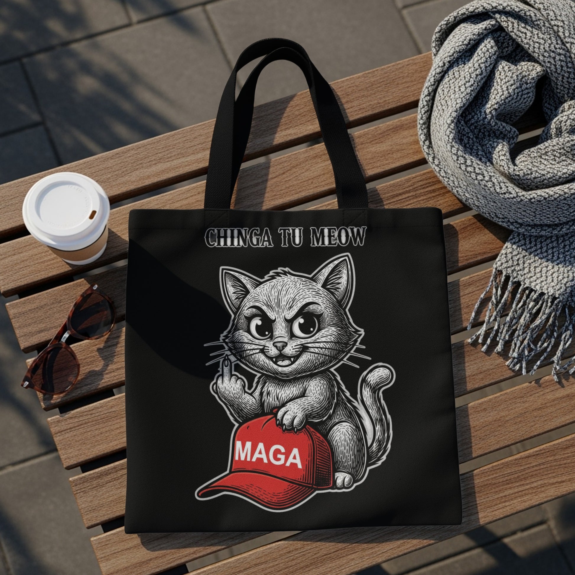 Black tote bag with "CHINGA TU MEOW" and cat holding MAGA hat.