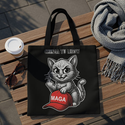 Black tote bag with "CHINGA TU MEOW" and cat holding MAGA hat.