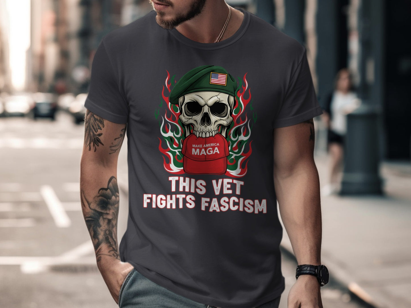 This Vet Fights Fascism Skull Graphic T-Shirt