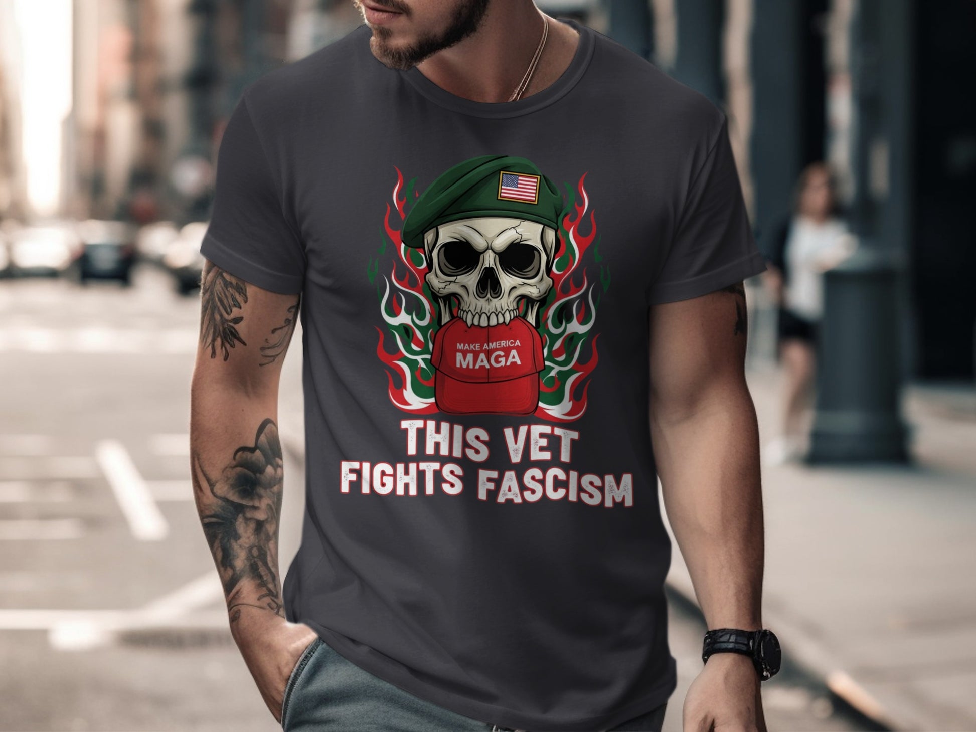 This Vet Fights Fascism Skull Graphic T-Shirt