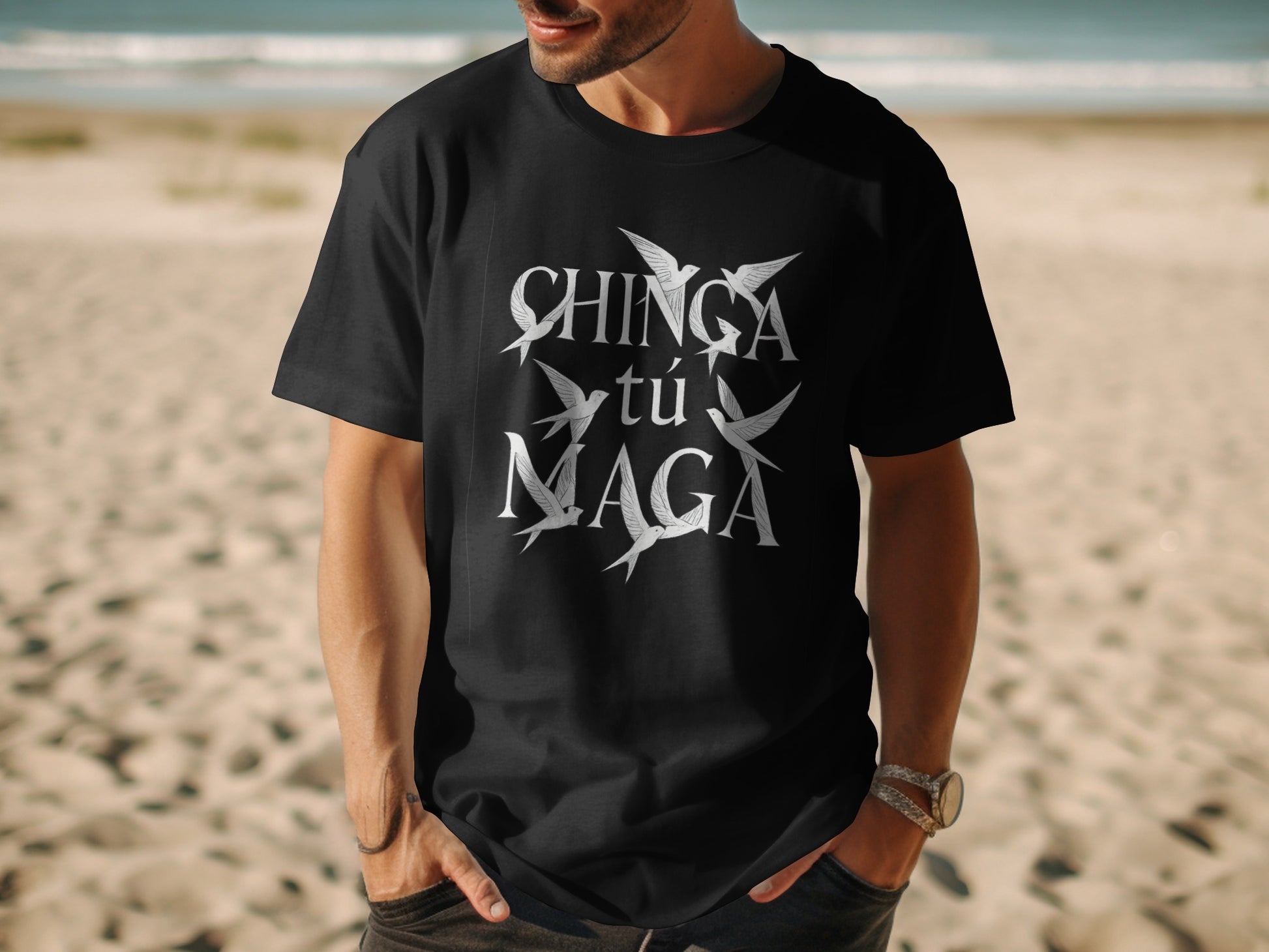 Chinga Tu Maga Bird Graphic Print Black T-Shirt product type