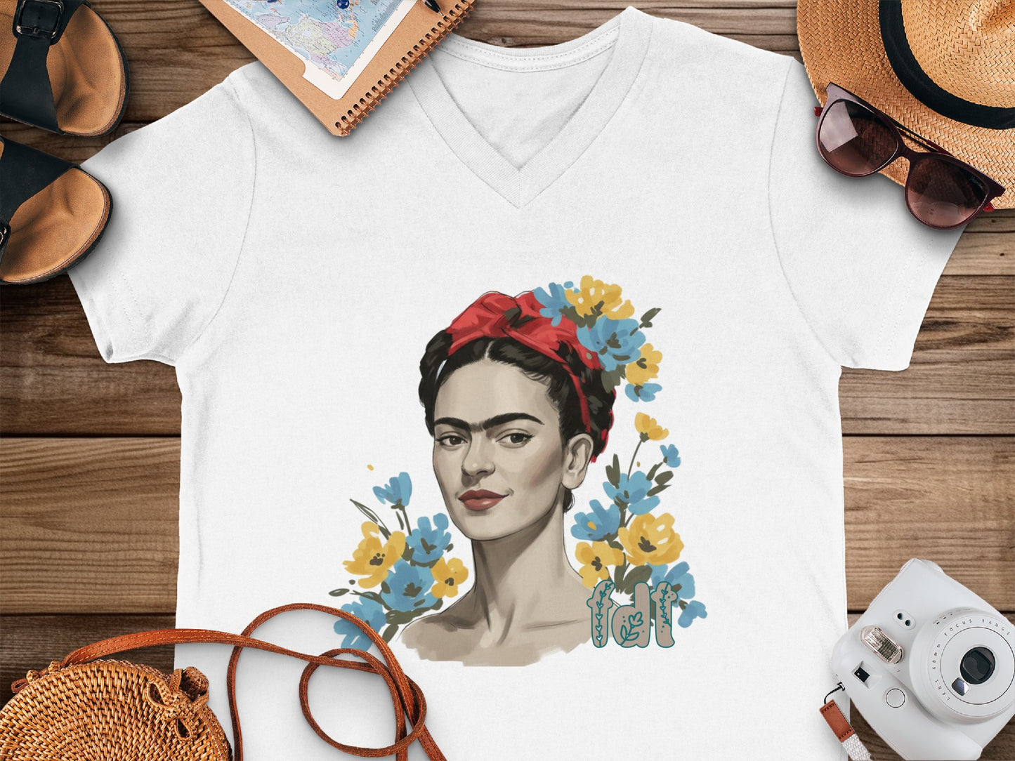 Stylish Frida Kahlo Art White V-Neck T-Shirt