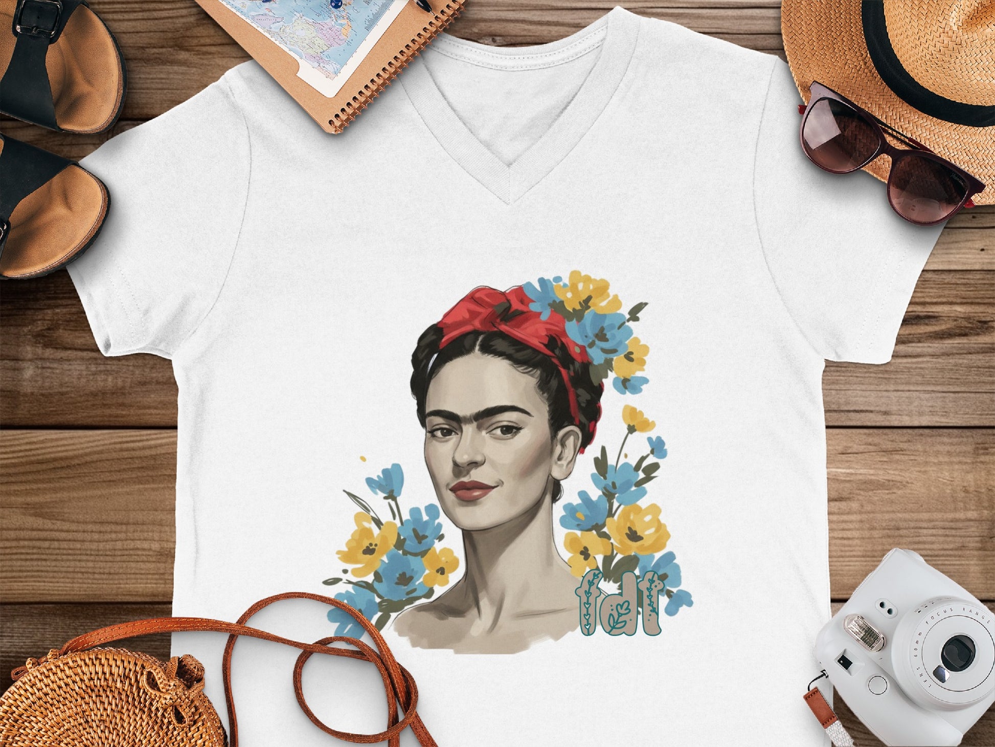 Stylish Frida Kahlo Art White V-Neck T-Shirt