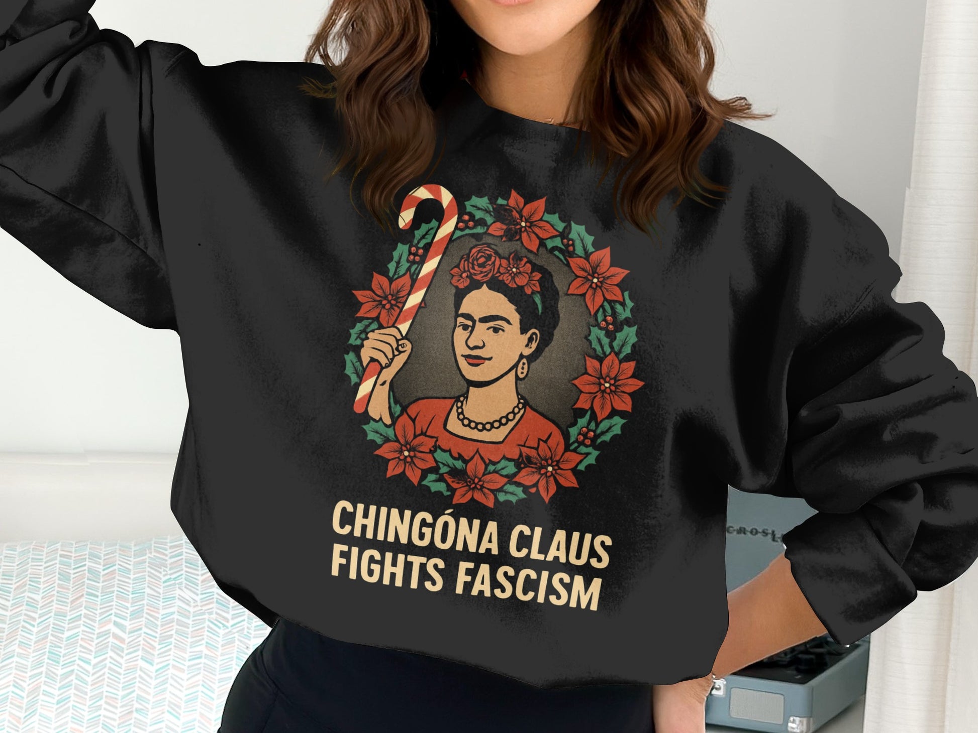 Chingona Claus Fights Fascism Unique Oversized Pullover