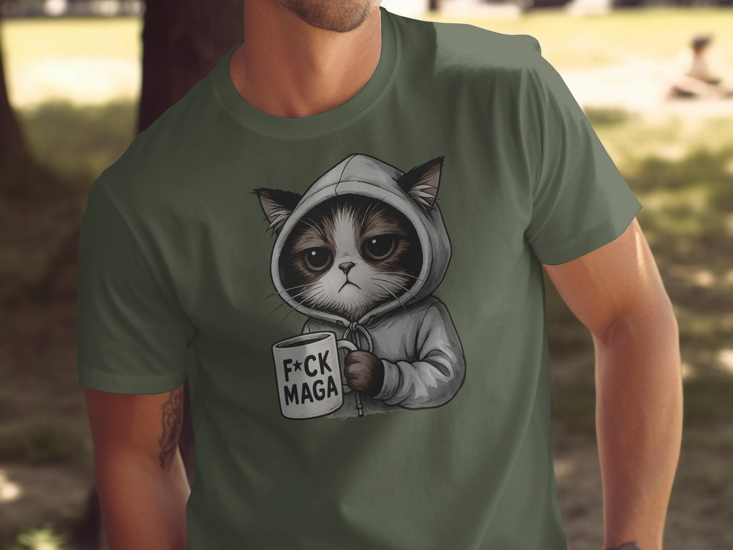 Hoodie Wearing Cat With Coffee Mug Illustration T-shirt