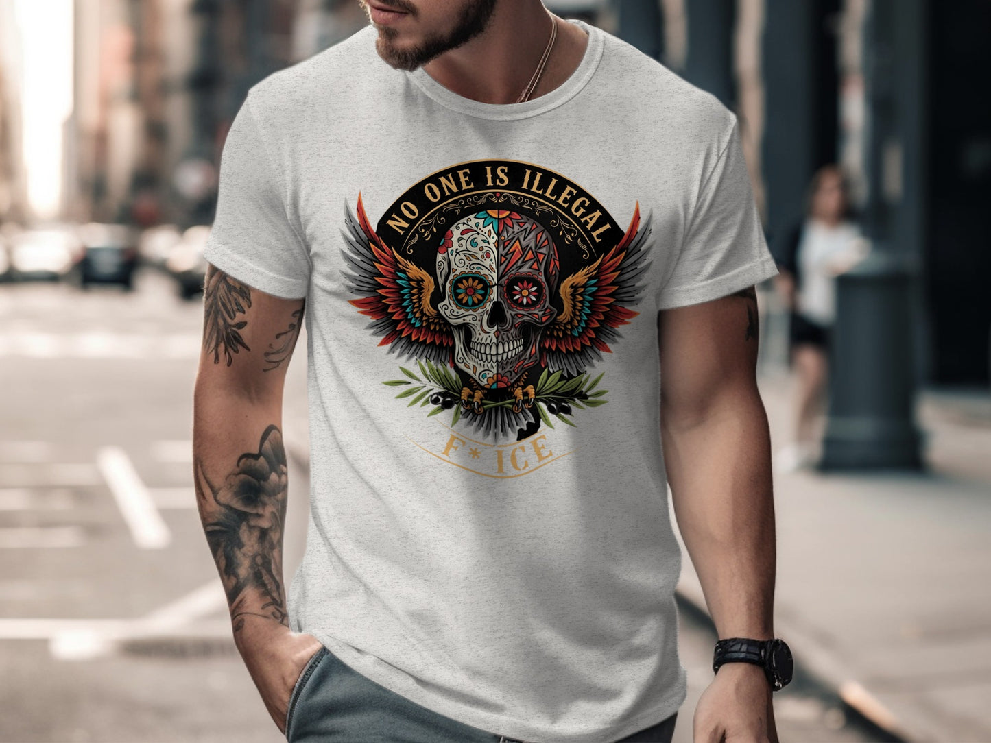 No One Is Illegal Skull Art Peace Print T Shirt product