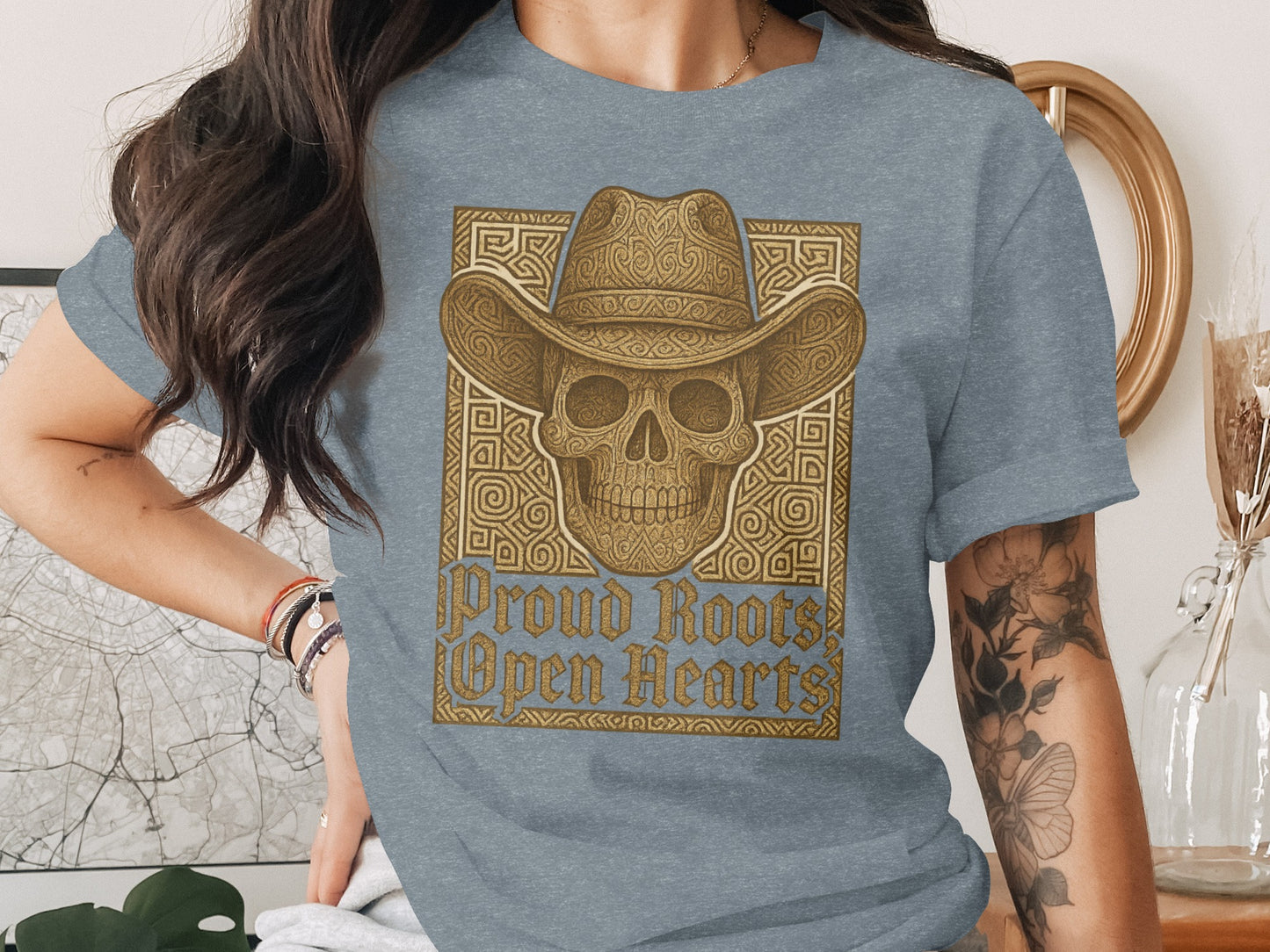 Proud Roots Open Hearts Skull Cowboy Hat Shirt