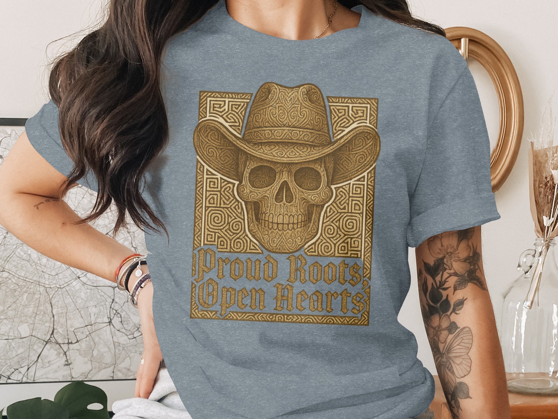 Proud Roots Open Hearts Skull Cowboy Hat Shirt
