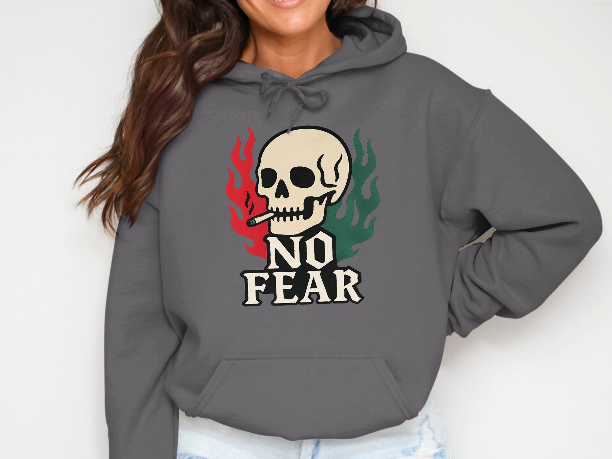 No Fear Skull Design on Gray Hooded Sweatshirt product type