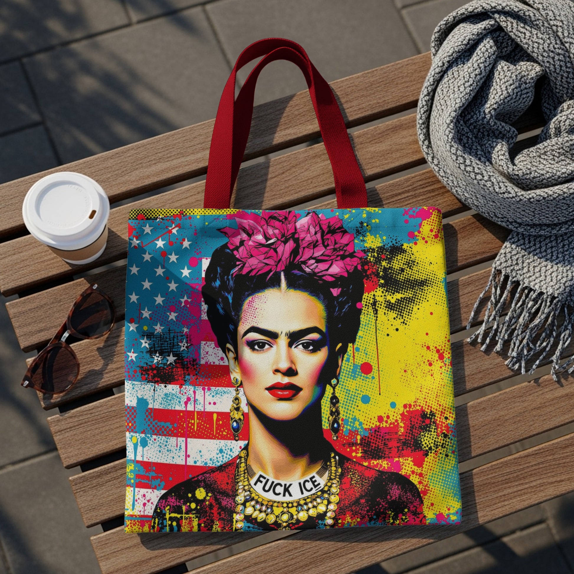 Tote bag featuring Frida Kahlo portrait, US flag background, "FUCK ICE" necklace.