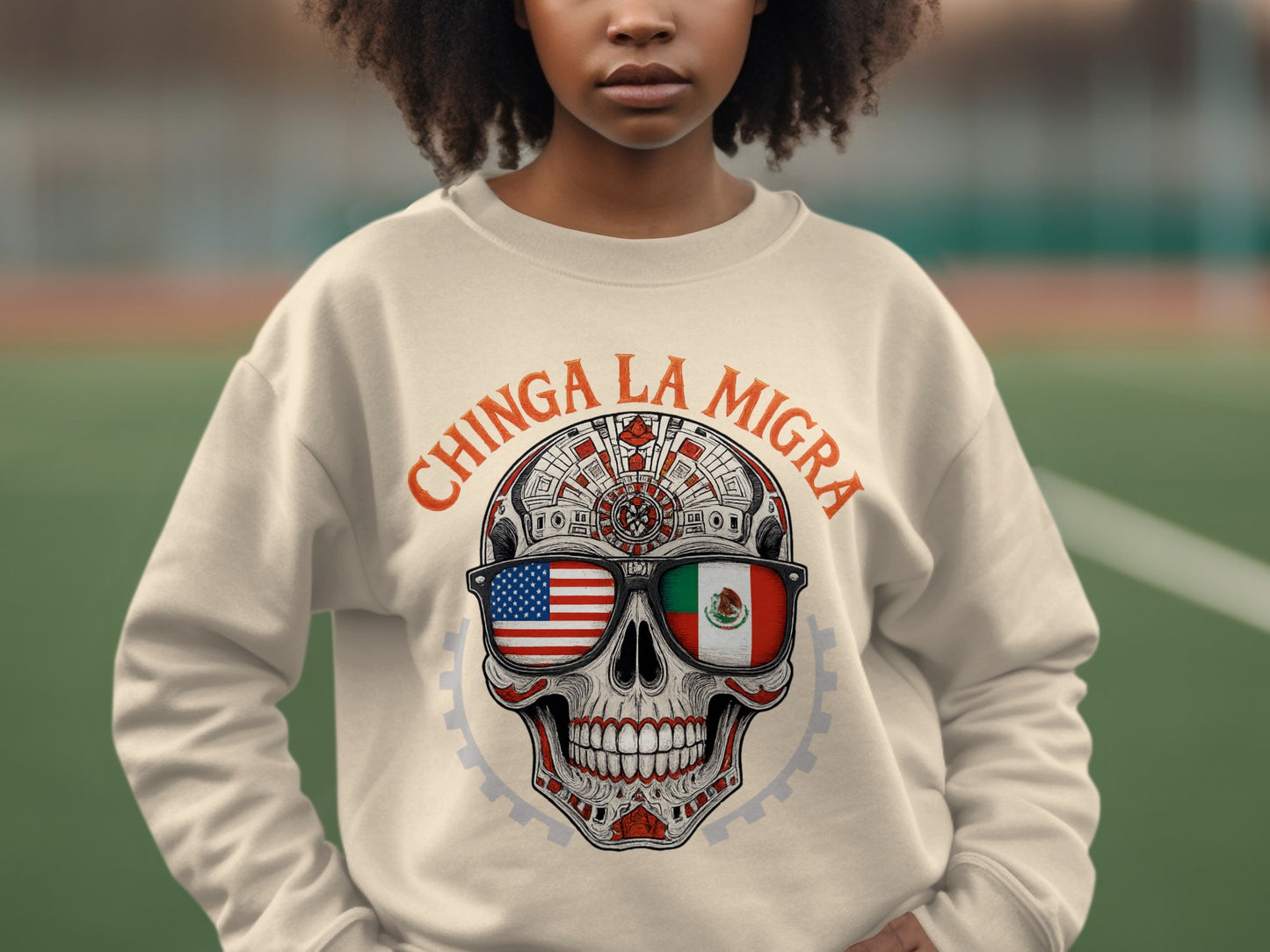 Chinga La Migra Skull with USA Mexico Flags Sweatshirt