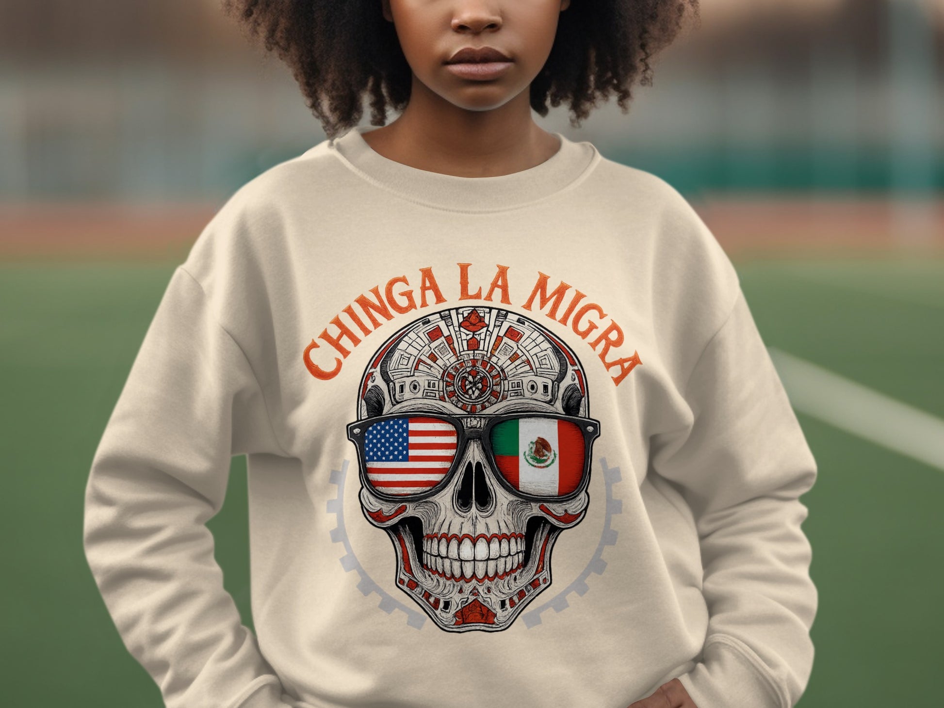 Chinga La Migra Skull with USA Mexico Flags Sweatshirt