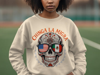 Chinga La Migra Skull with USA Mexico Flags Sweatshirt