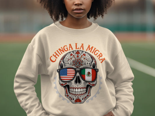 Chinga La Migra Skull with USA Mexico Flags Sweatshirt