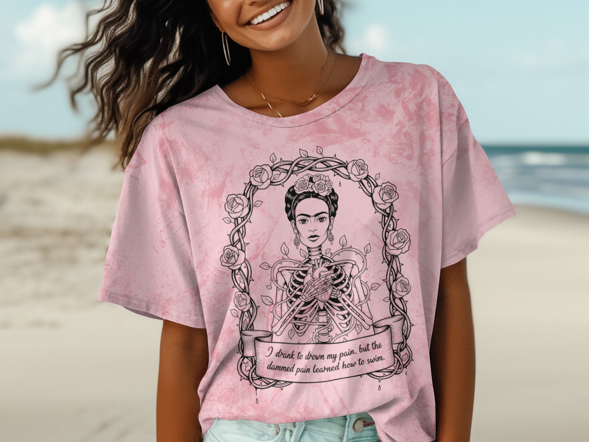 Artistic Portrait Graphic with Quote Pink T-Shirt