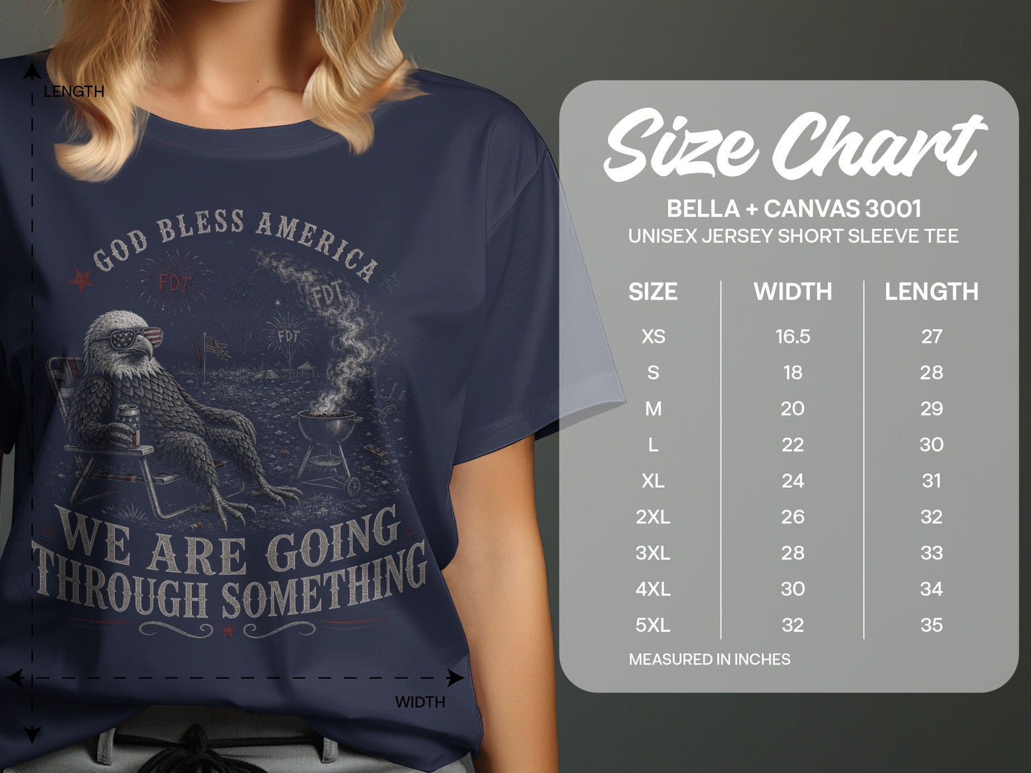 Navy t-shirt with "God Bless America" text and an eagle on a chair.