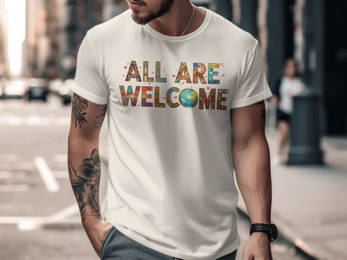 All Are Welcome Colorful Globe Design T-Shirt