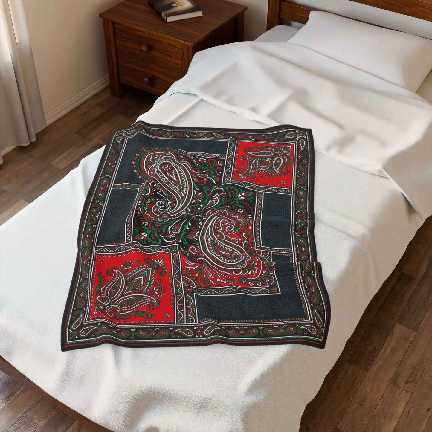 Vibrant Paisley Patchwork Blanket, Bohemian Red Black Green Throw, Intricate Ethnic Design, Artistic Folk Art Print, Unique Cozy Blankets