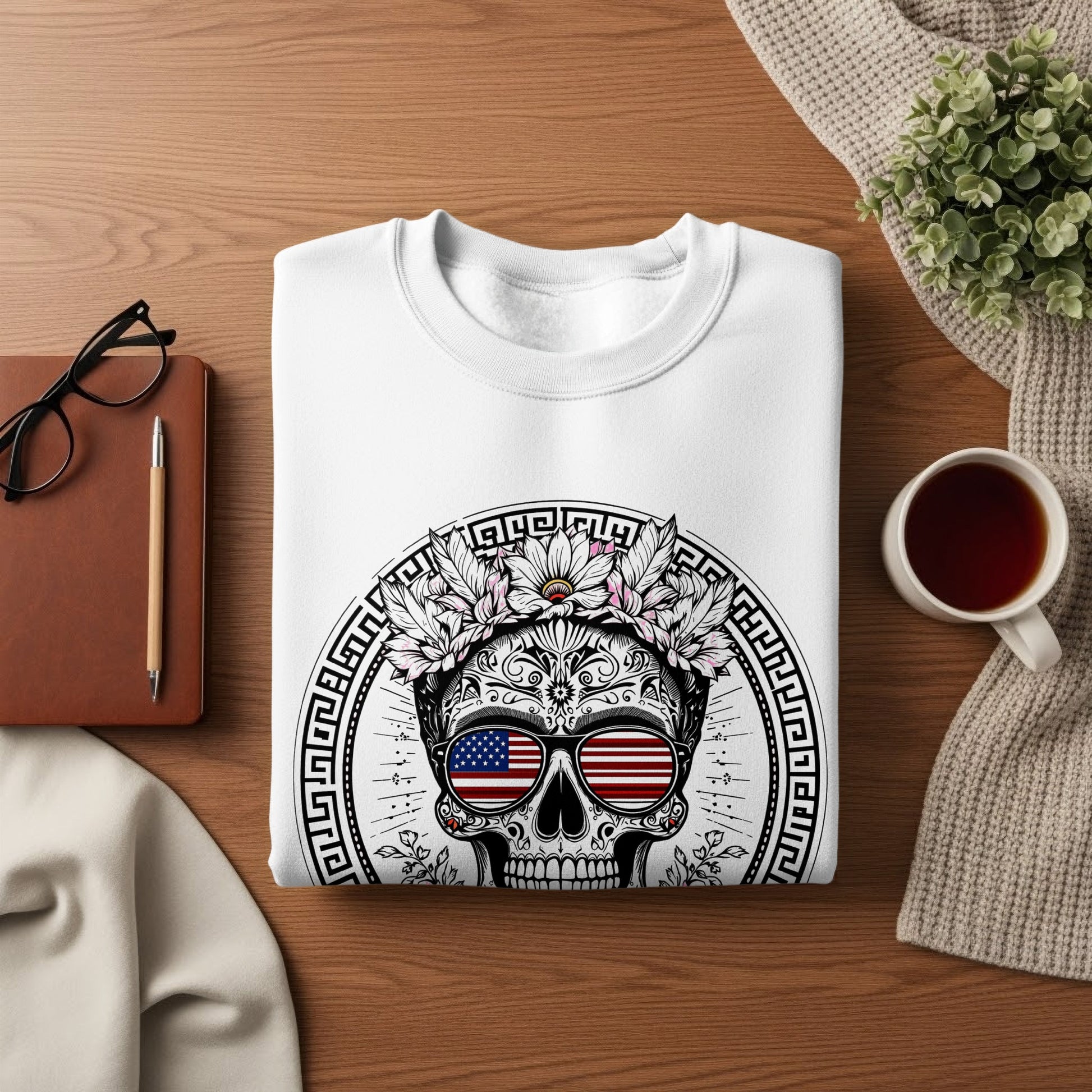 Patriotic Floral Skull Design on White Apparel Product