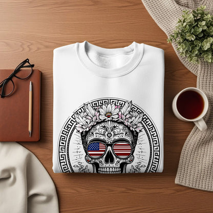 Patriotic Floral Skull Design on White Apparel Product