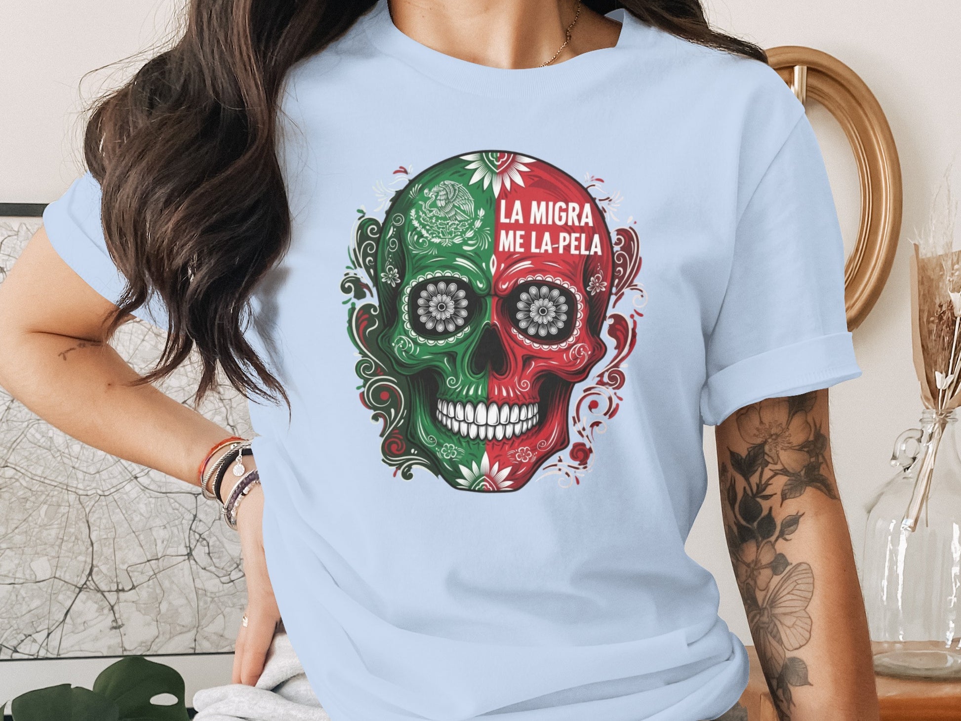 La Migra Me La Pela Mexican Skull Graphic T-shirt product type