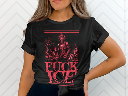 T-shirt with red "FUCK ICE" text and monster illustration in a dark forest.