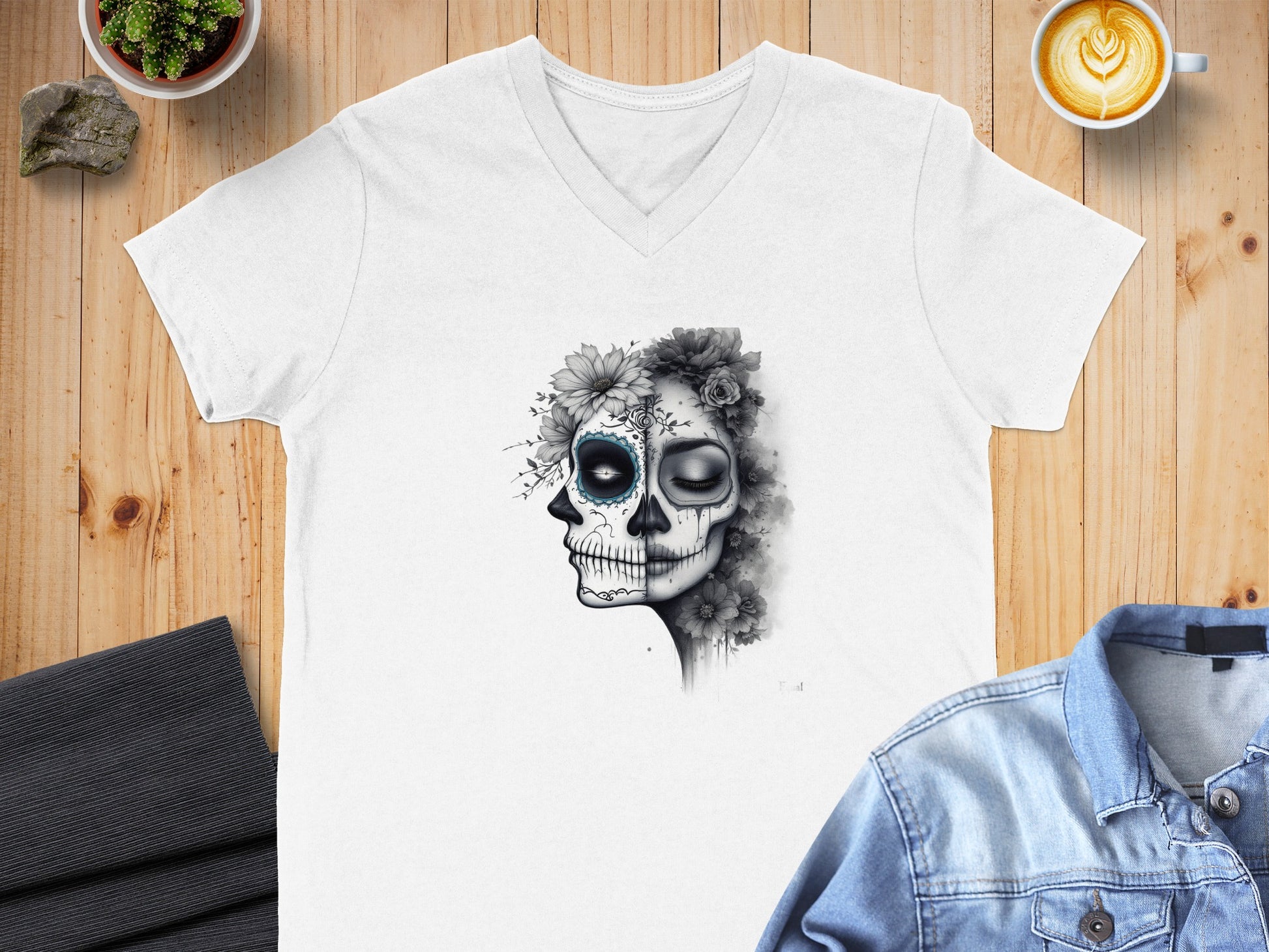 Day of the Dead Skull Floral Art V-Neck T-Shirt product