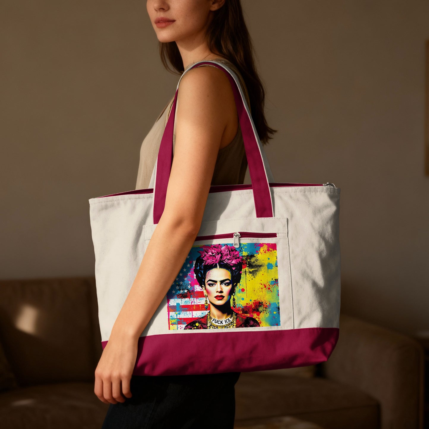 Tote bag featuring Frida Kahlo artwork with American flag background.