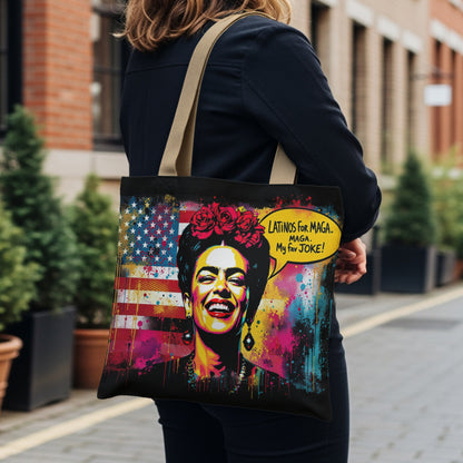 Frida Kahlo tote bag with US flag and "Latinos for MAGA" text.