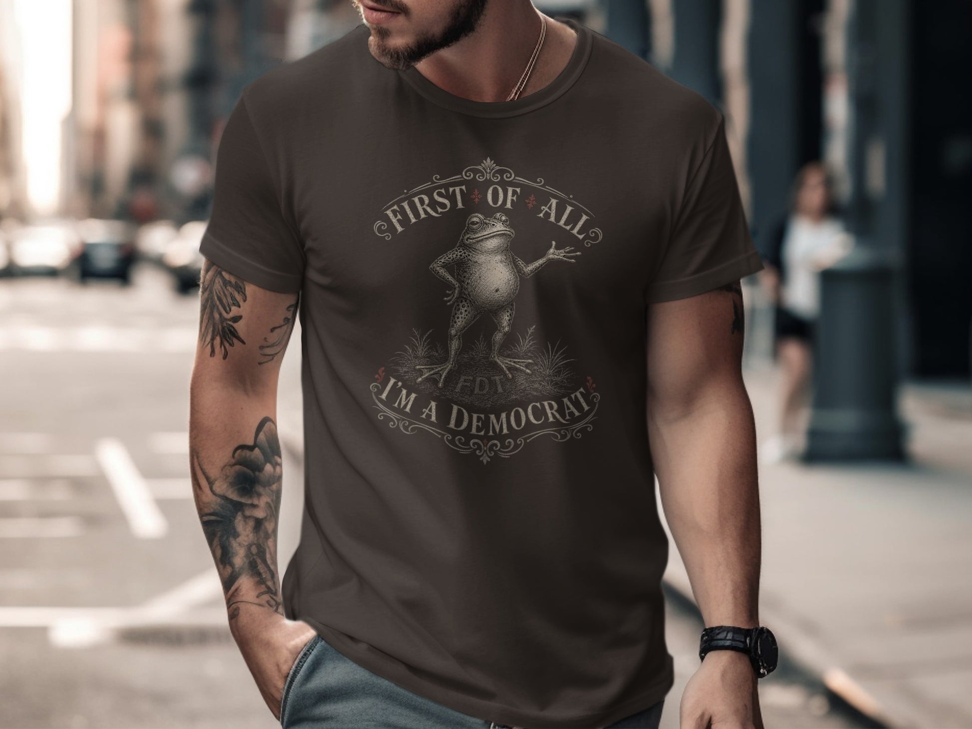 Dark brown t-shirt with "First of all, I'm a Democrat" text and a frog graphic.