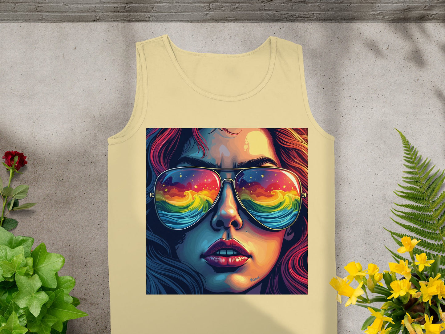 Vibrant Sunglasses Reflection Art Yellow Tank Top product type