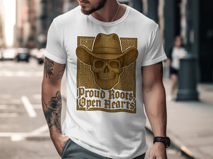 Proud Roots Open Hearts Skull Cowboy Hat T-shirt