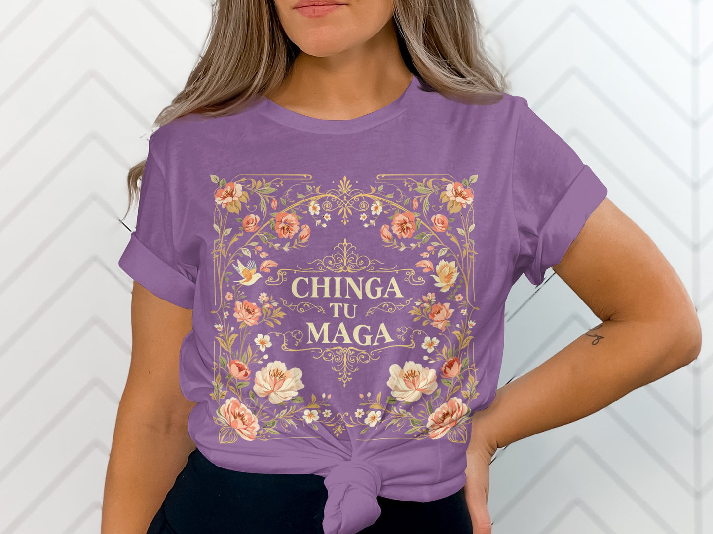 Chinga Tu Maga Graphic Tee with Floral Design