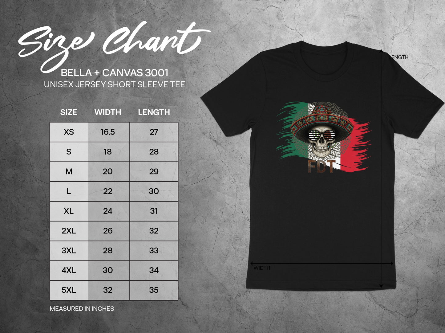 Bella+Canvas 3001 unisex t-shirt size chart with measurements in inches.