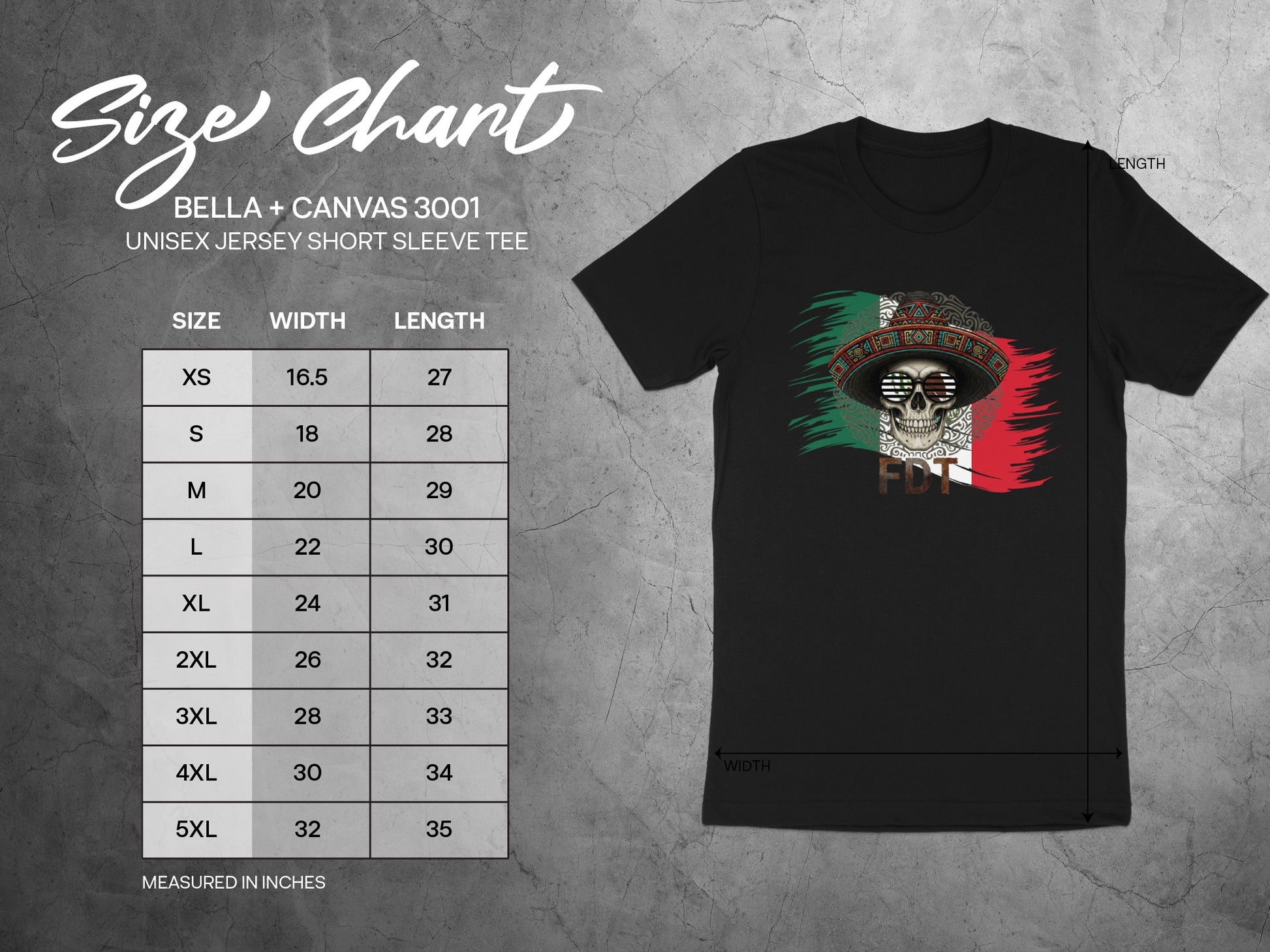 Bella+Canvas 3001 unisex t-shirt size chart with measurements in inches.
